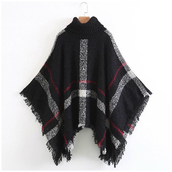 SOLD OUT CLEARANCE Plaid Turtleneck Cape Poncho Knit Sweater - Picture 5 of 7